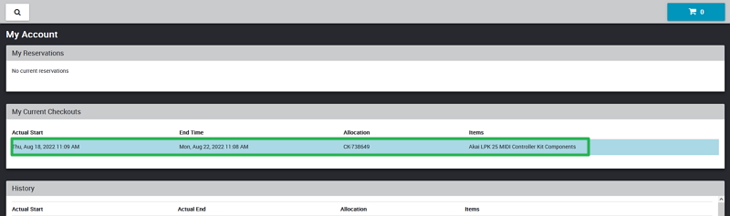 WebCheckout Patron Portal view of current checkouts, selecting a current checkout for subsequent steps to renew.